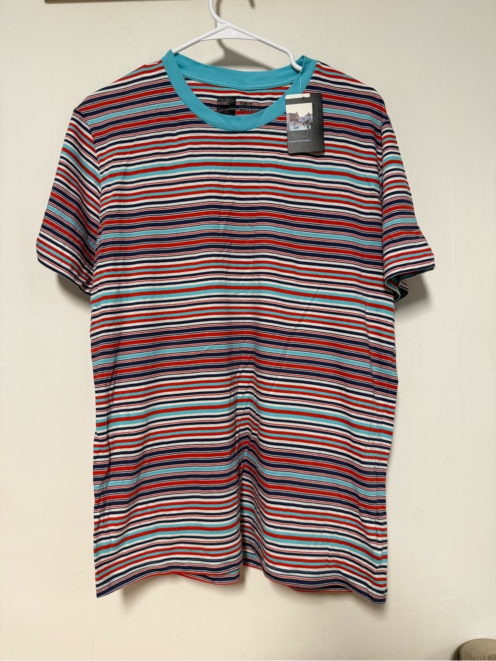 BDG men’s Striped Crew Neck T-Shirt in Teal & Multicolor, size L